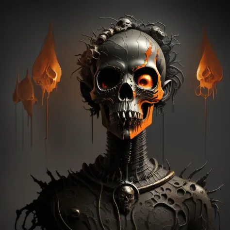 a close up of a person with a skull and flames on their head