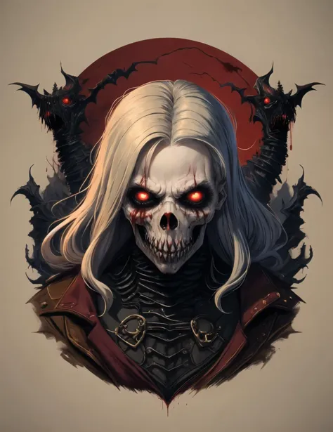 a drawing of a demonic skull with long white hair and red eyes