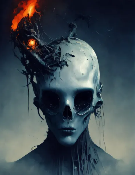 a woman with a skull head and flames on her head