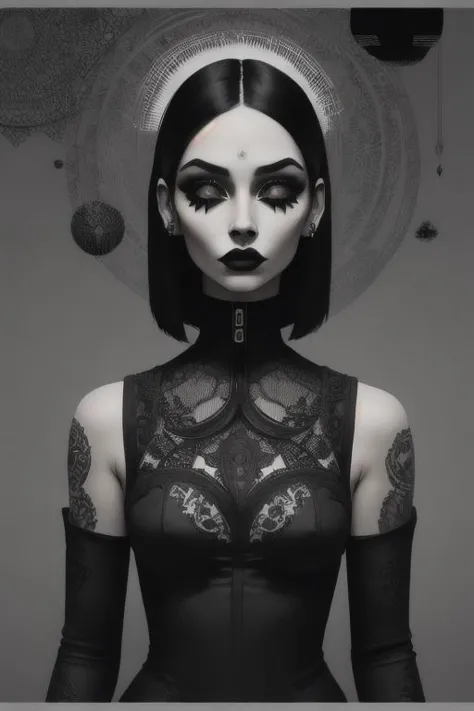 surreal
 illustration of a beautiful woman, hfashion, (in gothic style, with tattoos), short black straight hair, dressed in a h...