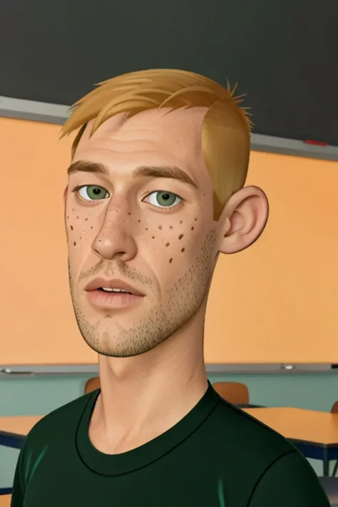 kim possible style, masterpiece, best quality, solo, blonde hair, 1boy, male focus, parody, shirt, brown eyes, upper body, open mouth, style parody, classroom, freckles, indoors, green shirt, 