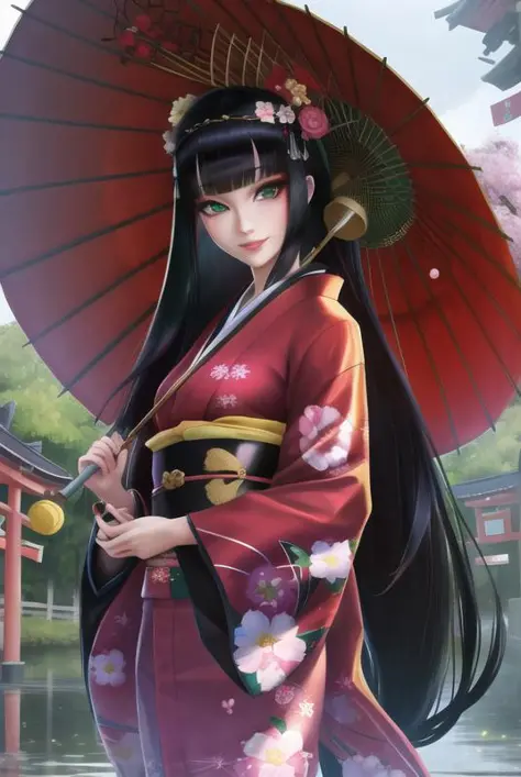 <lora:fanfoxy:0.8>, fanfoxy, masterpiece, best quality, 1girl, japanese clothes, umbrella, long hair, solo, kimono, oil-paper um...