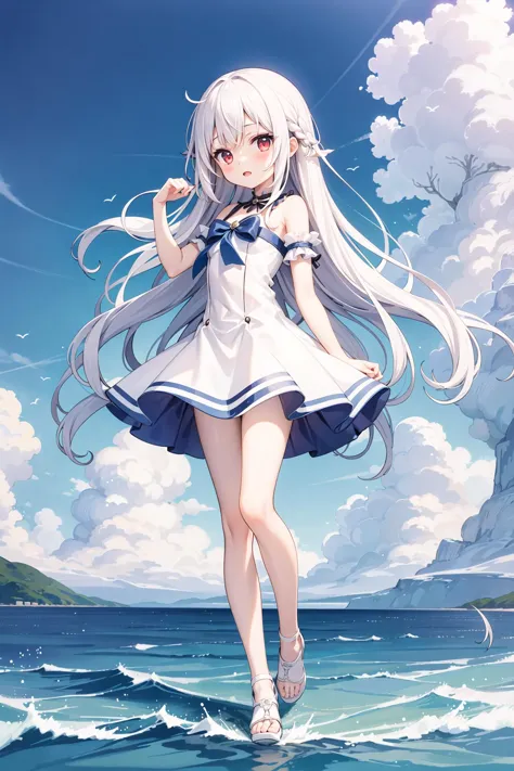 (((masterpiece))), best quality, illustration, young girl, 1girl with light white long hair, beautiful detailed red eyes, light white long straight hair, ((cute)), cute face, (petite), full body, solo, solo focus, standing, sea, sky