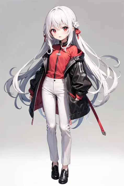 (((masterpiece))), best quality, illustration, young girl, 1girl with light white long hair, beautiful detailed red eyes, light white long straight hair, ((cute)), (petite), slim, jacket, trousers, solo, solo focus, standing, full body, white background