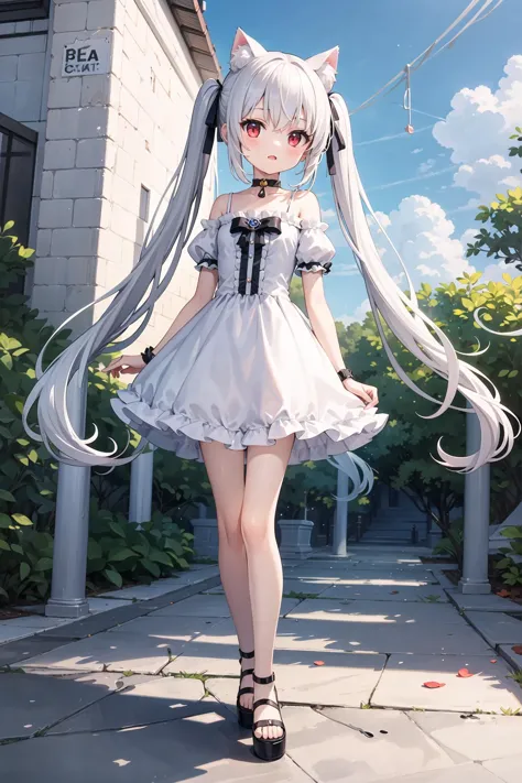 (((masterpiece))), best quality, illustration, young girl, 1girl with light white long hair, beautiful detailed red eyes, light white long straight hair, ((twin tails)), ((cute)), (petite), slim, full body, solo, solo focus, standing, sky, cat ears, choker