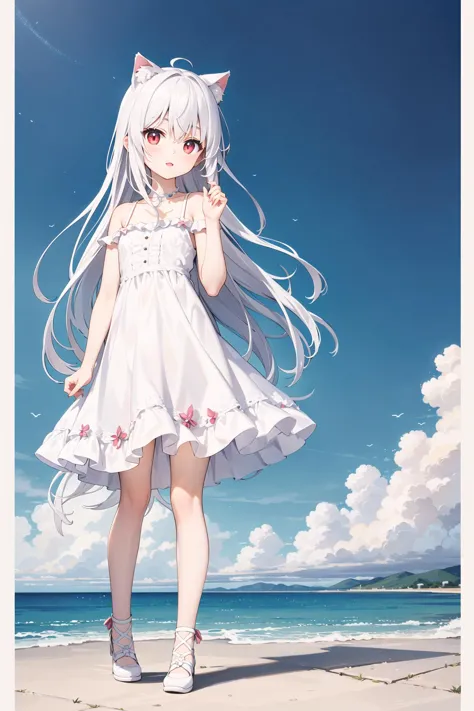(((masterpiece))), best quality, illustration, young girl, 1girl with light white long hair, beautiful detailed red eyes, light white long straight hair, ((cute)), (petite), slim, solo, solo focus, standing, full body, sky, pure white dress, cat ears
