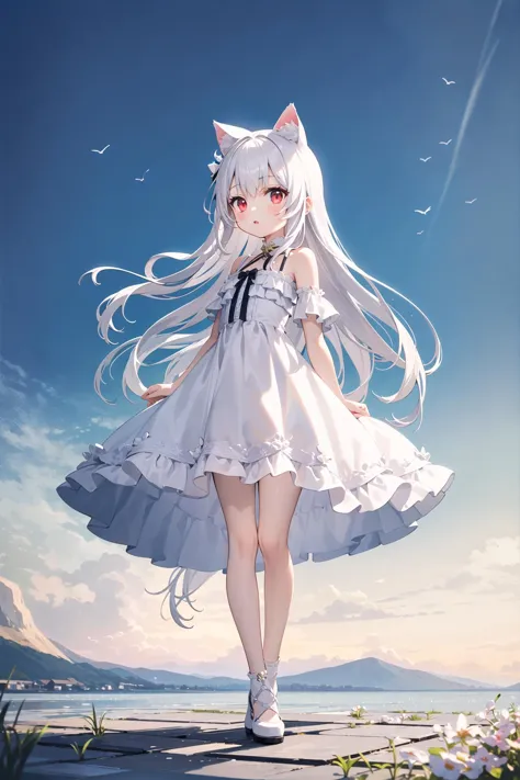 (((masterpiece))), best quality, illustration, young girl, 1girl with light white long hair, beautiful detailed red eyes, light white long straight hair, ((cute)), (petite), slim, solo, solo focus, standing, full body, sky, pure white dress, cat ears