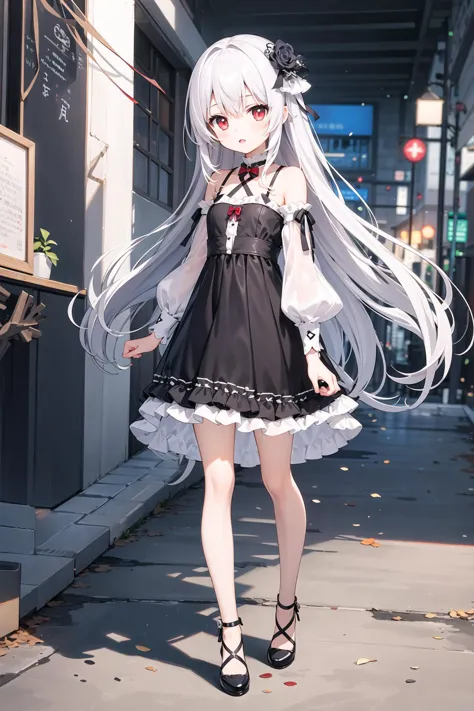 (((masterpiece))), best quality, illustration, young girl, 1girl with light white long hair, beautiful detailed red eyes, light white long straight hair, ((cute)), (petite), slim, solo, solo focus, standing, full body