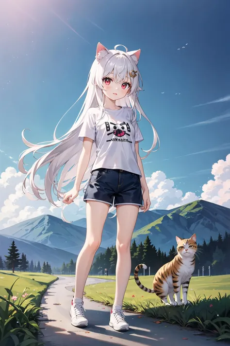 (((masterpiece))), best quality, illustration, young girl, 1girl with light white long hair, beautiful detailed red eyes, light white long straight hair, ((cute)), (petite), slim, solo, solo focus, standing, full body, sky, t-shirt, shorts, cat ears