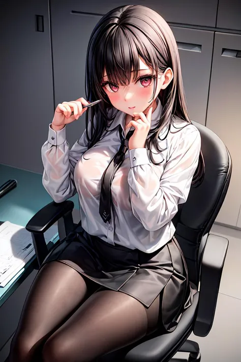 (masterpiece, best quality), a young black haired girl office secretary dressed in a transparent white blouse and black office skirt and black pantyhose ,sitting in an office chair, holding pencil, (detailed skin:1.3),(detailed eyes), (sharp focus), <lora:...