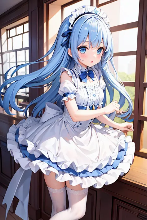 (masterpiece, best quality), 1girl, blue and white frill dress, (white stockings), cute face, standing, indoor, intricate detail...