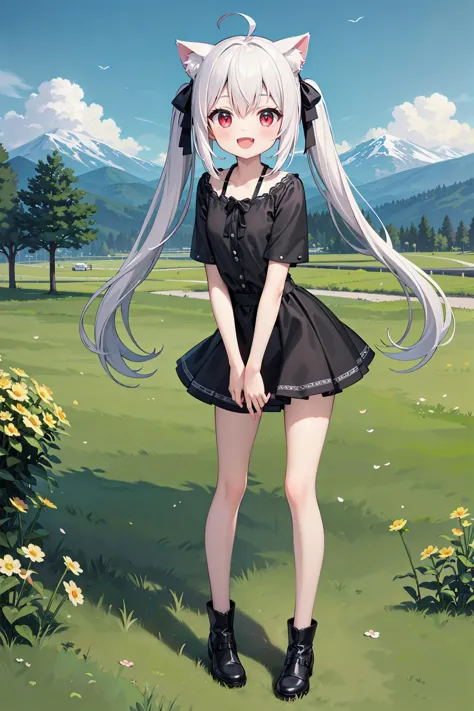 (((masterpiece))), best quality, illustration, 1girl with light white long hair, beautiful detailed red eyes, light white long straight hair, (cute), (petite), slim, solo, solo focus, standing, full body, cat ears, twintails, pure black shirt, skirt, sky, ...