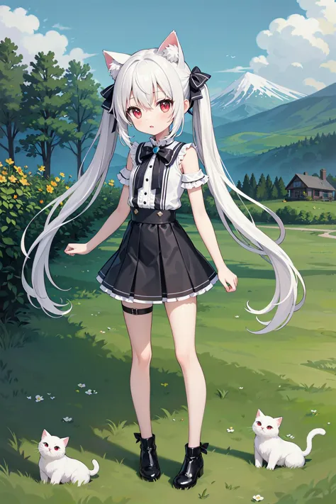 (((masterpiece))), best quality, illustration, 1girl with light white long hair, beautiful detailed red eyes, light white long straight hair, (cute), (petite), slim, solo, solo focus, standing, full body, cat ears, twintails, mini skirt, sky, grass, mounta...