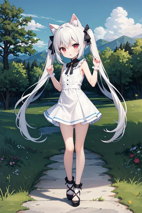 (((masterpiece))), best quality, illustration, 1girl with light white long hair, beautiful detailed red eyes, light white long straight hair, (cute), (petite), slim, solo, solo focus, standing, full body, cat ears, twintails, mini skirt, sky, grass, mounta...