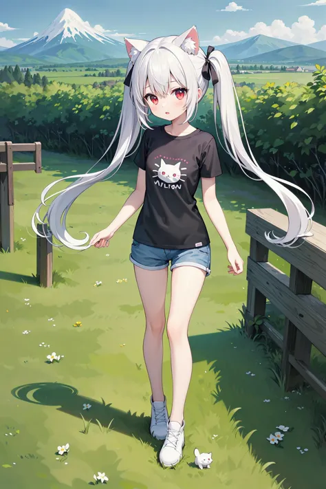 (((masterpiece))), best quality, illustration, 1girl with light white long hair, beautiful detailed red eyes, light white long straight hair, (cute), (petite), slim, solo, solo focus, standing, full body, cat ears, twintails, pure black t-shirt, shorts, sk...