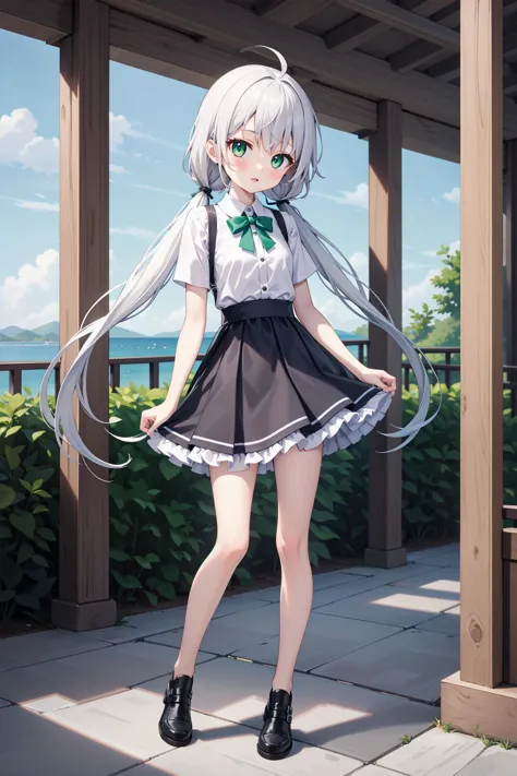 (((masterpiece))), best quality, illustration, (teenage girl), 1girl with white long hair, beautiful detailed green eyes, white long straight hair, ((low twintails)), ((cute)), (petite), slim, solo, solo focus, shirt, skirt, full body, <lora:LowTwintailsHe...