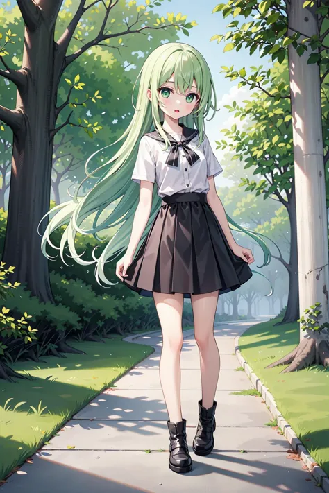 (((masterpiece))), best quality, illustration, (teenage girl), 1girl with white long hair, beautiful detailed green eyes, white long straight hair, ((cute)), (petite), slim, solo, solo focus, shirt, skirt, full body, outside, trees