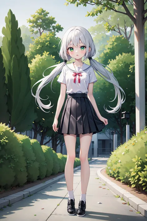 (((masterpiece))), best quality, illustration, (teenage girl), 1girl with white long hair, beautiful detailed green eyes, white long straight hair, ((low twintails)), ((cute)), (petite), slim, solo, solo focus, shirt, skirt, full body, outside, trees, <lor...