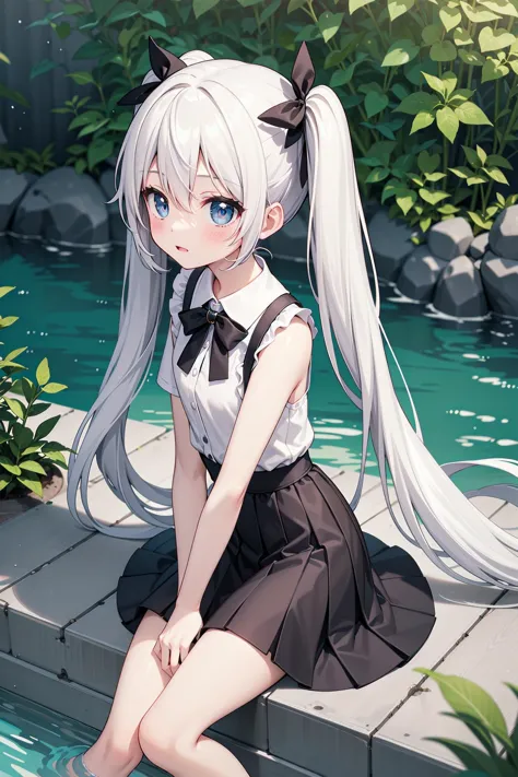 (((masterpiece))), best quality, illustration, (teenage girl), 1girl with white long hair, beautiful detailed eyes, white long straight hair, ((cute)), (petite), slim, solo, solo focus, shirt, skirt, river, sitting, looking away, twintails