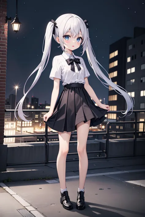 (((masterpiece))), best quality, illustration, (teenage girl), 1girl with white long hair, beautiful detailed eyes, white long straight hair, ((cute)), (petite), slim, solo, solo focus, shirt, skirt, cityscape, night, full body, looking away, twintails