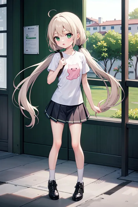 (((masterpiece))), best quality, illustration, (teenage girl), 1girl with white long hair, beautiful detailed green eyes, white long straight hair, ((low twintails)), ((cute)), (petite), slim, solo, solo focus, shirt, skirt, full body, <lora:LowTwintailsHelper:0.7>