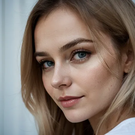 a close up of a woman with long hair and blue eyes