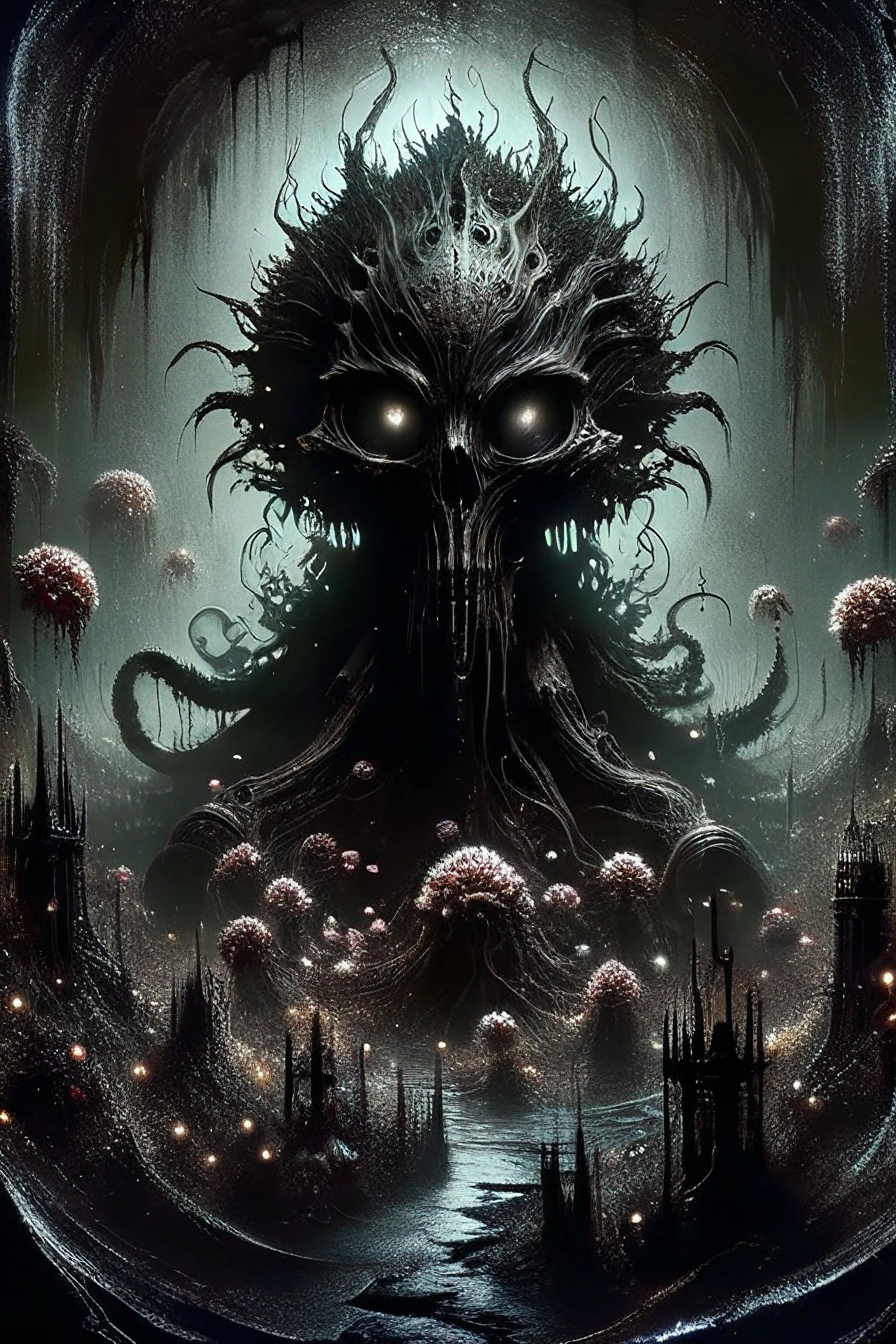 Alien-themed biomechanical style horror-themed (((epic-Ultra-HD-details, epic-Ultra-HD-highlights, epic-photo-same-realistic, upscaled-resolution, optimal)))A bio-mechanical forest taking over a desolate and abandoned dystopian cityscape,crumbling buildings,ruined skyscrapers,destroyed vehicles,remains,tendrils spreading everywhere,mechanical plants and flowers,mechanicals parts,bio-mechanical parts,living metal.,DonM3v1lM4dn355XL,Dark Fantasy page,ais-darkpartz,, eerie, unsettling, dark, spooky, suspenseful, grim, highly detailed,(((text))),((color)),(shading),background,noise,dithering,gradient,detailed,out of frame,ugly,error,Illustration, watermark,(((gothic ink on paper))),H.P. Lovecraft,Arthur Rackham, blend of organic and mechanical elements, futuristic, cybernetic, detailed, intricate . Extraterrestrial, cosmic, otherworldly, mysterious, sci-fi, highly detailed