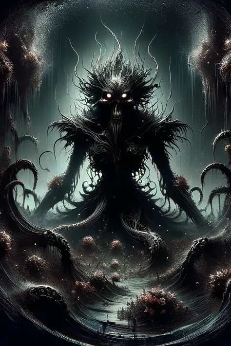 a dark and creepy creature with tentacles in a circular frame