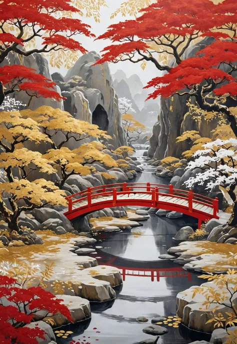 Cave art,gorgeous Japan garden landscape ,red bridge,gold foil,Highly detailed and whimsical,gold and white,hyperrealistic,  <lora:novuschroma27 style_b:1> novuschroma27 style,