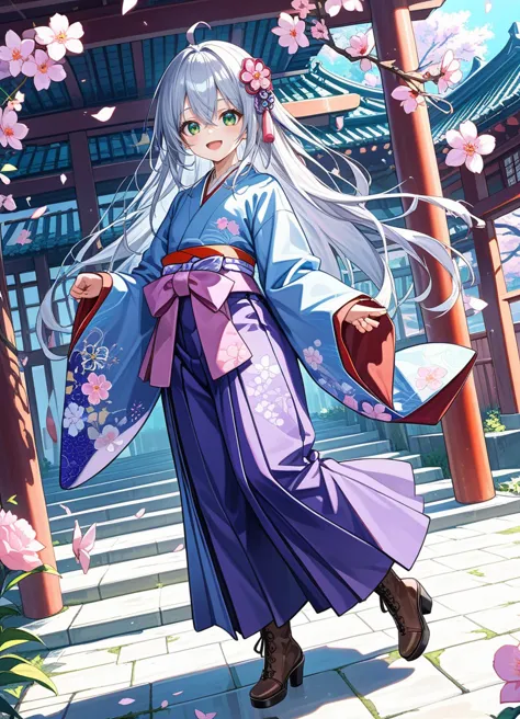 score_9, score_8_up, score_7_up ,source_anime, masterpiece, best quality, perfect anatomy , very aesthetic , absurdres ,intricate detailed, ultra-detailed illustration ,BRAKE
1girl , hair ornament, flower, japanese clothes, skirt, boots, yagasuri, kimono,silver hair,long hair,green eyes, ahoge, hakama skirt, hakama, wide sleeves, open mouth, full body, pink flower, smile, bangs, hair between eyes, looking at viewer, sleeves past wrists, brown footwear, high heel boots, long sleeves, standing, meiji schoolgirl uniform, cross-laced footwear, lace-up boots, :d, purple hakama, blush,