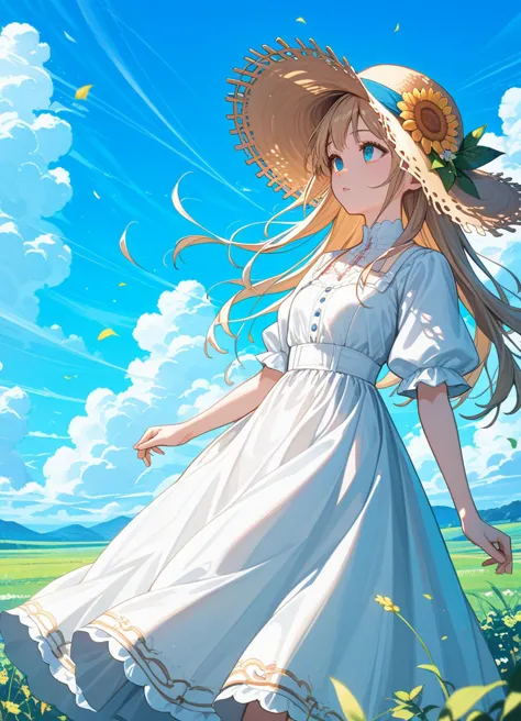 score_9, score_8_up, score_7_up ,source_anime, masterpiece, best quality, perfect anatomy , very aesthetic , absurdres ,intricate detailed, ultra-detailed illustration ,BRAKE
1girl ,Girl looking up at sky , contrail , cumulonimbus cloud,  blue sky , prairie ,, blowing wind , straw hat , white dress