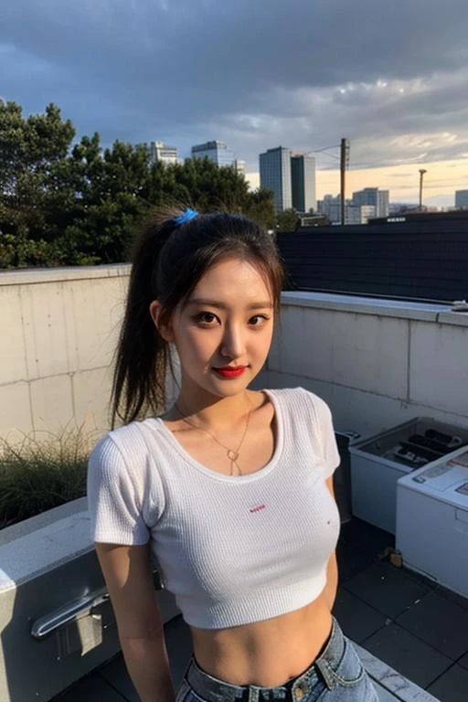 Fujifilm XT3, 8k,close up photo, masterpiece, best quality, (((1girl))), solo,realistic, ((looking at viewer)), photorealistic, (extremely detailed face), looking at viewer, ((ultra-detailed eyes and pupils)), ultra detailed, serious expression, cropped top,shirts, ((standing against a city skyline at night)), (rooftop), crop top, ((navel)), arms behind back, smile, ponytail, slim face, (arms behind back), 