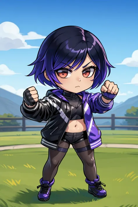 a cartoon girl in a purple jacket and black pants is standing in a field