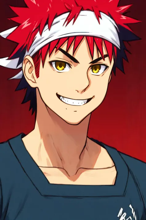 best quality, solo, mature male focus, Looking off to the side, <lora:yukihira_souma:1> yukihira_souma, red_hair, spiked_hair, black shirt, white headband, grin