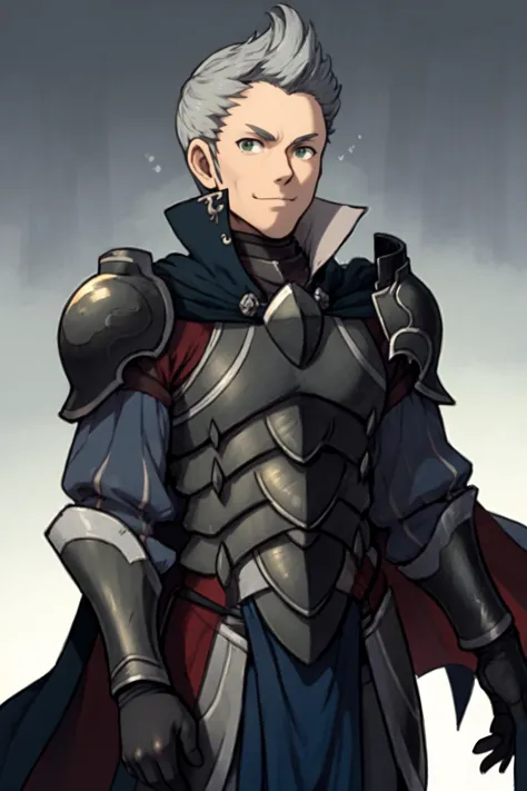 best quality, solo, mature male focus, Looking straight at the camera, <lora:fireemblem_silas-11:.9> fesilas, armor, cape, gloves