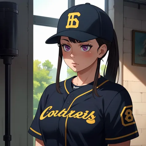 a close up of a woman in a baseball uniform with a baseball cap