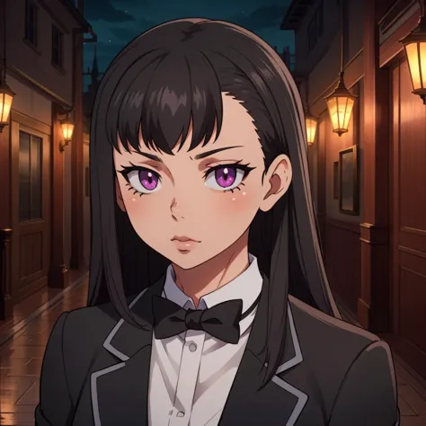 anime girl in a tuxedo standing in a hallway