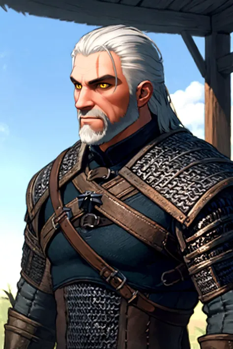 best quality, solo, mature male focus, Looking off to the side, <lora:geraltW3-V3:.7> geralt, beard, yellow eyes, white hair, ar...