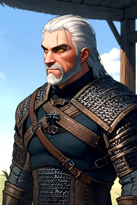 best quality, solo, mature male focus, Looking off to the side, <lora:geraltW3-V3:.7> geralt, beard, yellow eyes, white hair, armor, chainmail