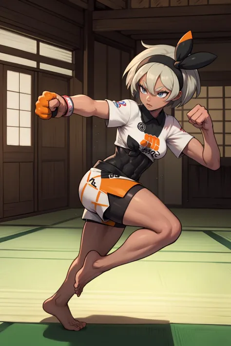 <lora:PKMN_Bea-DEF:0.7> bea (pokemon), clenched fists, one leg raised, kick, print shirt, bodysuit under clothes, shorts, single glove, short hair, hairband, dark skin, tatami floor, dojo, barefoot, full body, dynamic