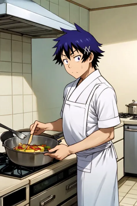 anime character in a kitchen cooking vegetables in a pan