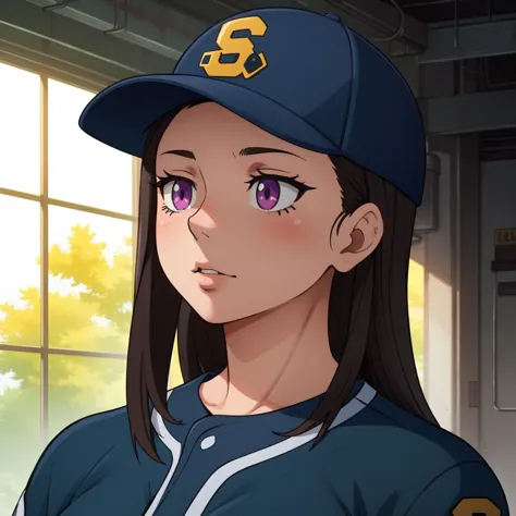 a close up of a woman in a baseball uniform with a cap on