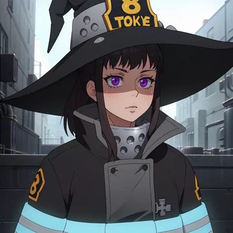 anime girl in a witch hat and black coat with purple eyes