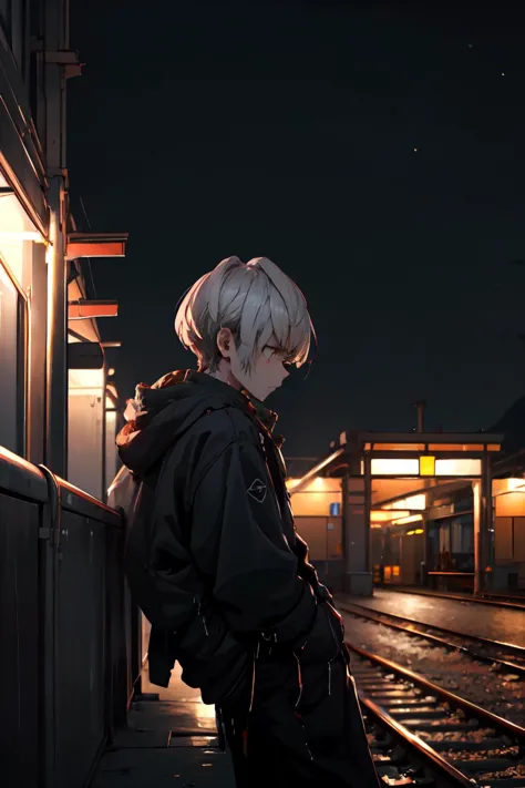 anime boy standing on train tracks at night with train in background