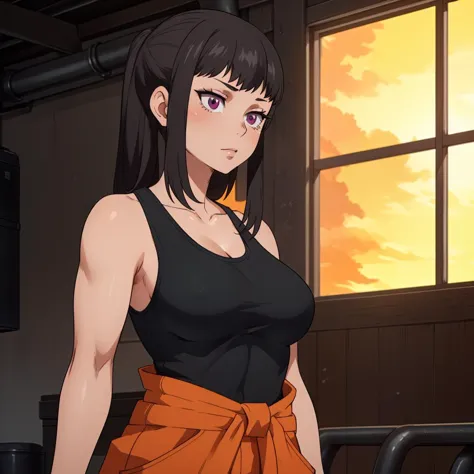 anime girl in black top and orange skirt standing in front of a window