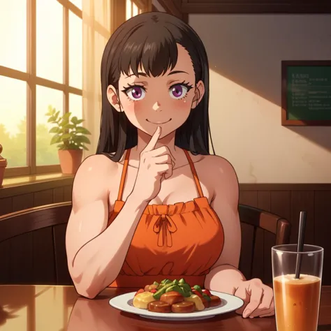 anime girl in orange dress sitting at a table with a plate of food