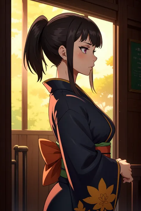 a woman in a kimono outfit standing in front of a window