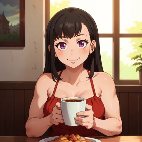 anime girl in red dress holding a cup of coffee and a plate of cookies