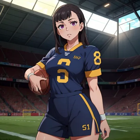 a woman in a uniform holding a football ball on a field