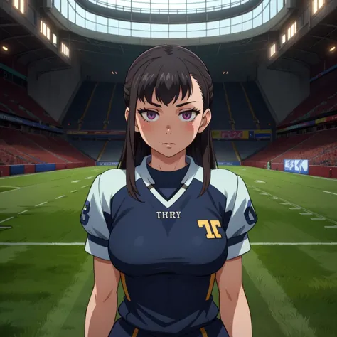 anime girl in uniform standing in a stadium with a soccer ball